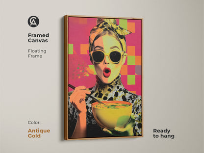 Framed canvas featuring a pop art woman enjoying soup. The floating antique gold frame enhances this contemporary kitchen wall art. A foodie gift for her with yellow orange and pink abstract elements. This modern woman portrait is ready to hang. It's colorful kitchen decor.
