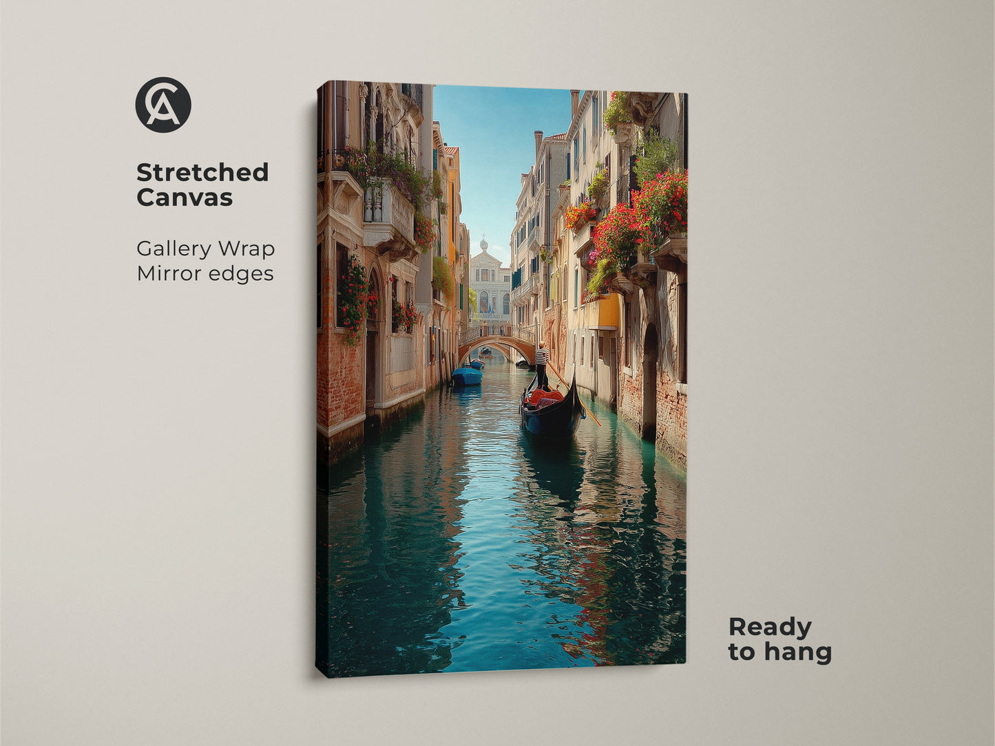 Stretched canvas of Venice canal art. This gallery-wrapped canvas features mirror edges. See the gondola boat print. This blue and teal artwork is ready to hang. It's a romantic cityscape style.