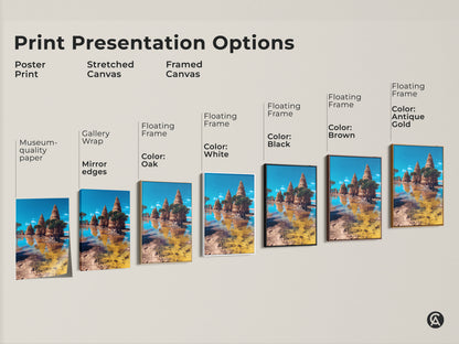 Explore the presentation options for this wall art. Options include poster print stretched canvas and framed canvas. Find the perfect museum quality paper gallery wrap or floating frame to match your style. All options present the surreal temple landscape.