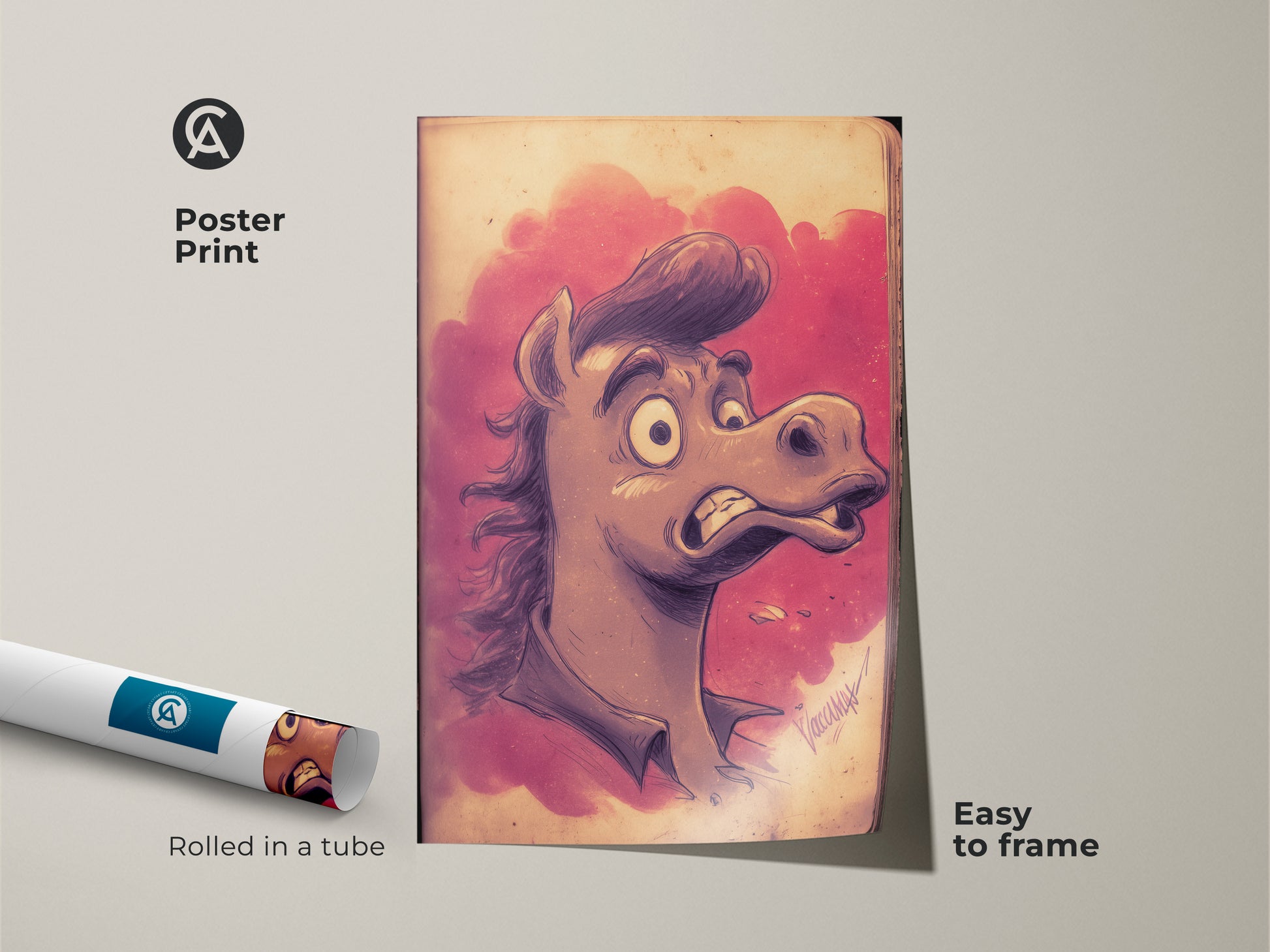 This poster print showcases a cartoon horse ready to frame. The whimsical animal art is perfect for eclectic office decor. The pink and purple art adds a touch of humor. A unique horse gift idea. It is a great art print for him.