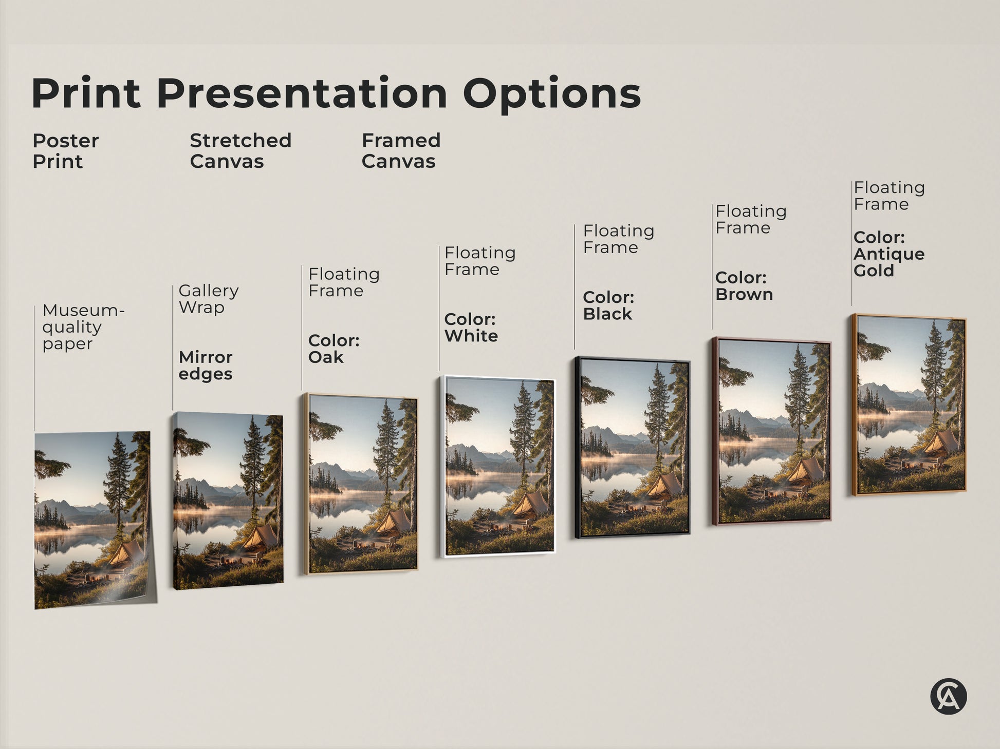 Explore print presentation options including poster print stretched canvas and framed canvas. Choose from museum quality paper gallery wrap and floating frames. Color options include oak white black brown and antique gold. Find the perfect mountain lake camping art to complement your style.