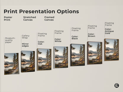 Explore print presentation options including poster print stretched canvas and framed canvas. Choose from museum quality paper gallery wrap and floating frames. Color options include oak white black brown and antique gold. Find the perfect mountain lake camping art to complement your style.