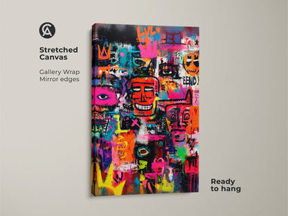 Stretched canvas showcasing graffiti art. Gallery wrapped with mirror edges this artwork is ready to hang. The colorful painting has a street art aesthetic. It will bring a bold urban touch to your home. Buy this statement piece today.