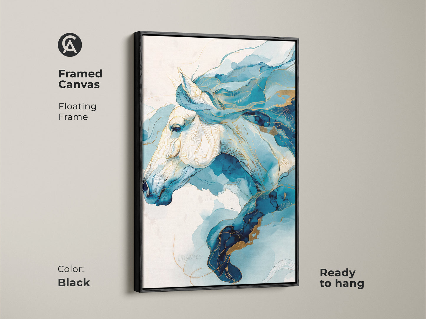 Framed canvas with a floating frame. This contemporary horse artwork features a blue and gold abstract. The artwork is ready to hang. Enhance your living space with this fine art horse print.