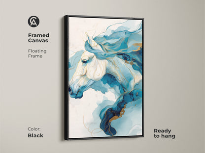 Framed canvas with a floating frame. This contemporary horse artwork features a blue and gold abstract. The artwork is ready to hang. Enhance your living space with this fine art horse print.
