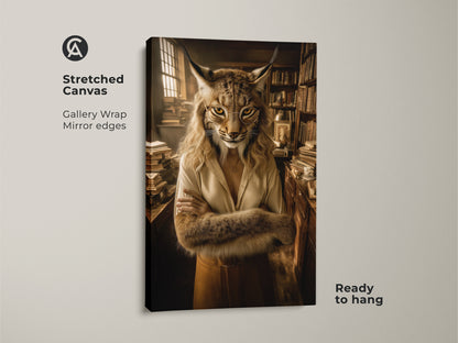 Stretched canvas gallery wrap of a lynx portrait art print. This dark academia wall art adds a touch of sophistication to any room. Ready to hang and perfect as a gift for book lovers.