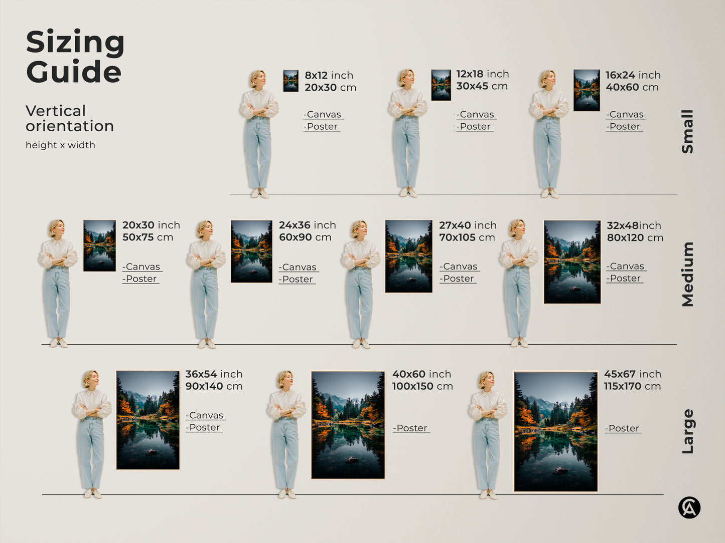 Find the perfect fit with our mountain lake artwork sizing guide. Vertical orientation options range from small to large. Visualize how each canvas and poster size complements your space. Transform your home with the ideal piece. Shop now and enhance your decor