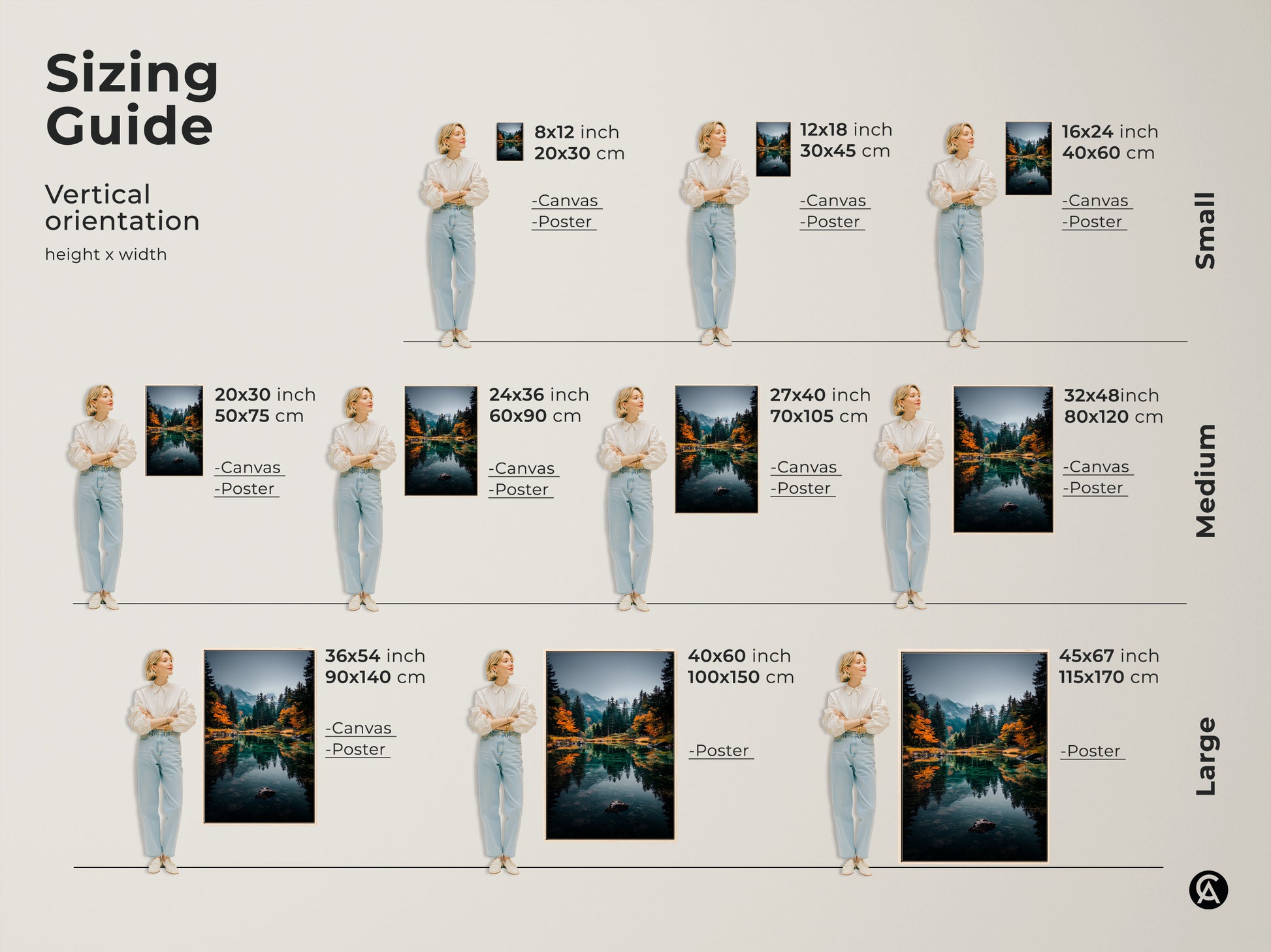 Find the perfect fit with our mountain lake artwork sizing guide. Vertical orientation options range from small to large. Visualize how each canvas and poster size complements your space. Transform your home with the ideal piece. Shop now and enhance your decor