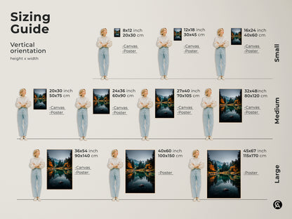Find the perfect fit with our mountain lake artwork sizing guide. Vertical orientation options range from small to large. Visualize how each canvas and poster size complements your space. Transform your home with the ideal piece. Shop now and enhance your decor