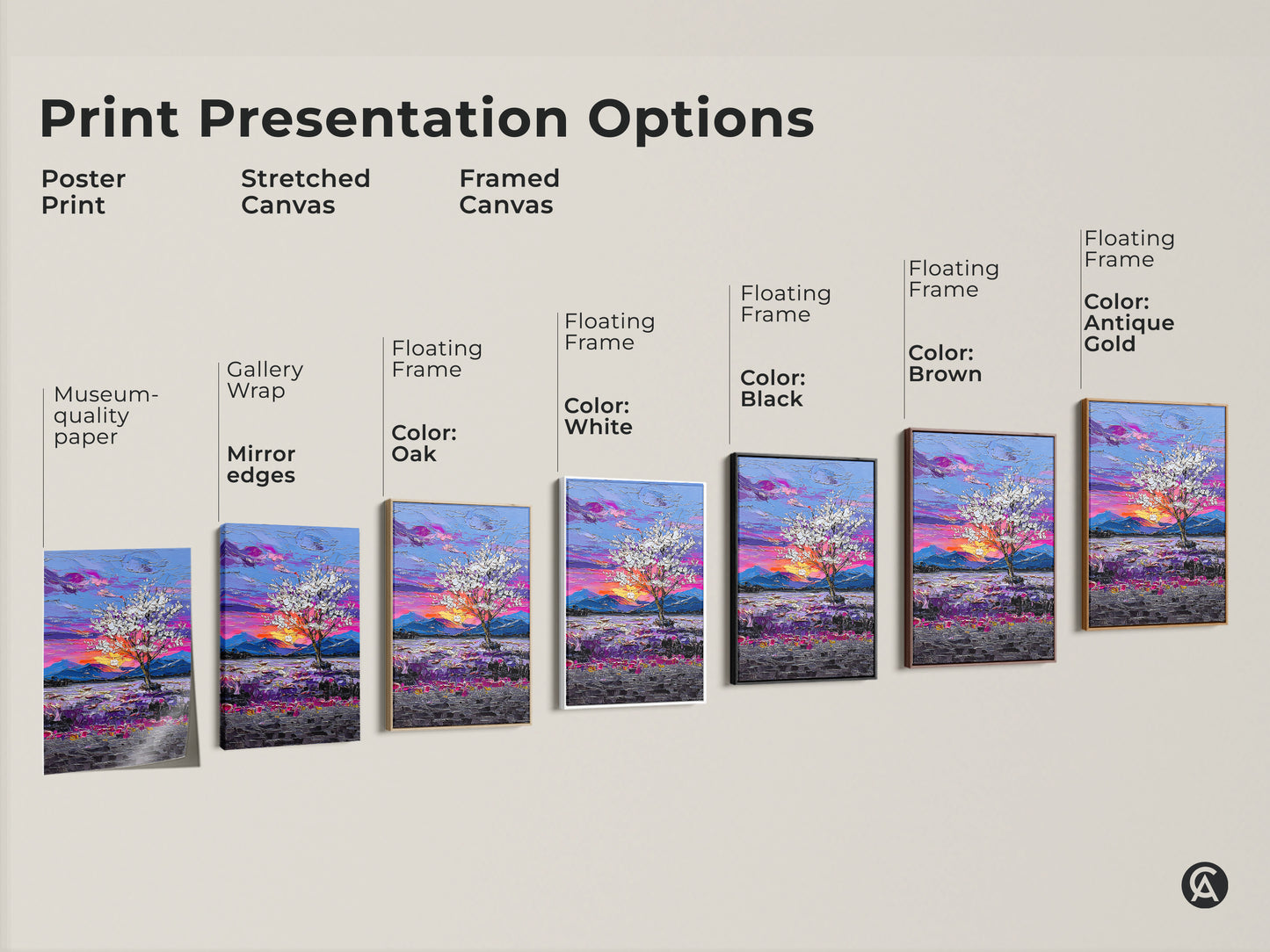 Explore our diverse Print Presentation Options. Choose from poster prints stretched canvas and framed canvas. Each option features our captivating Botanical Tree artwork with museum-quality and vibrant colors.