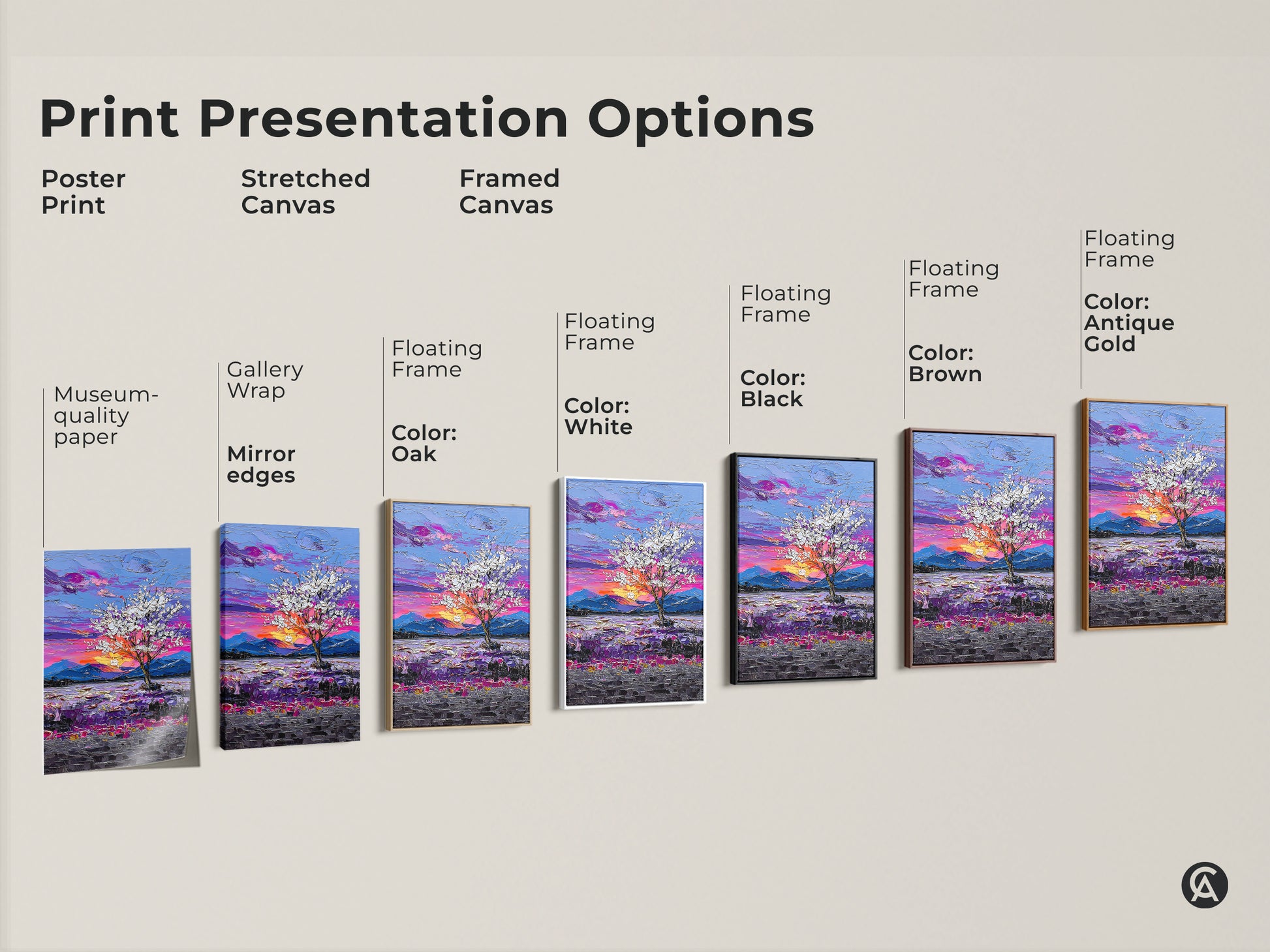Explore our diverse Print Presentation Options. Choose from poster prints stretched canvas and framed canvas. Each option features our captivating Botanical Tree artwork with museum-quality and vibrant colors.