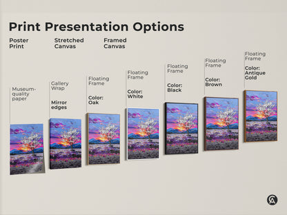 Explore our diverse Print Presentation Options. Choose from poster prints stretched canvas and framed canvas. Each option features our captivating Botanical Tree artwork with museum-quality and vibrant colors.