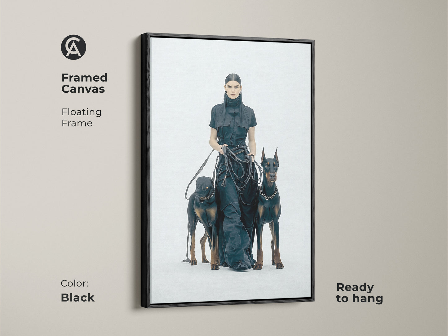 Framed canvas featuring a woman with Dobermans in a floating black frame. Ready to hang. Monochrome minimalist art for a modern touch. Perfect for dog lovers. High-contrast black and white artwork. Contemporary wall decor.