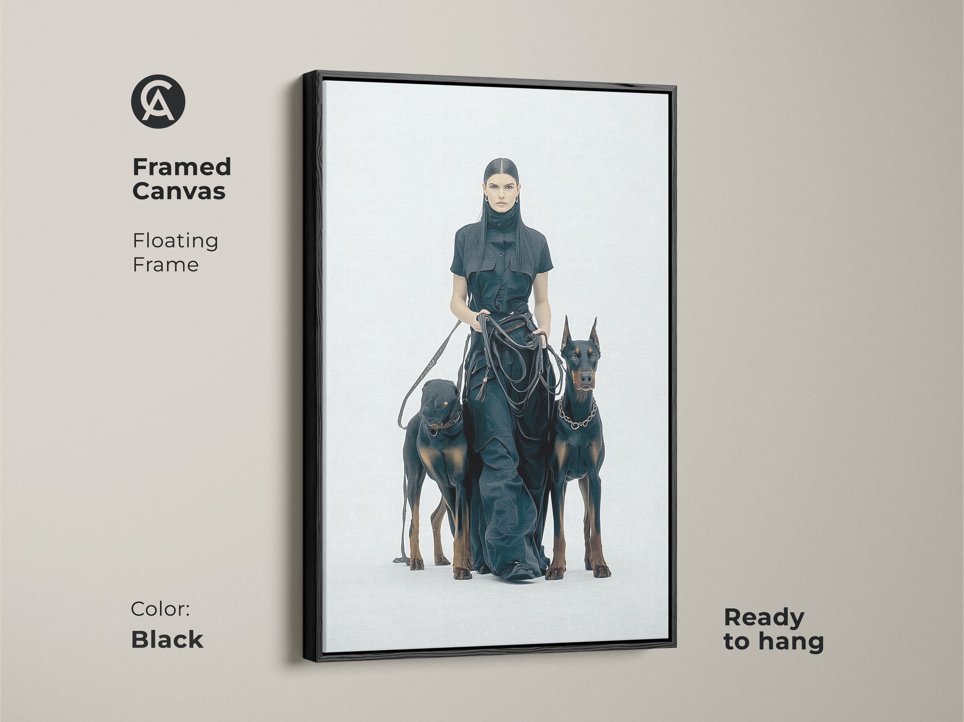 Framed canvas featuring a woman with Dobermans in a floating black frame. Ready to hang. Monochrome minimalist art for a modern touch. Perfect for dog lovers. High-contrast black and white artwork. Contemporary wall decor.