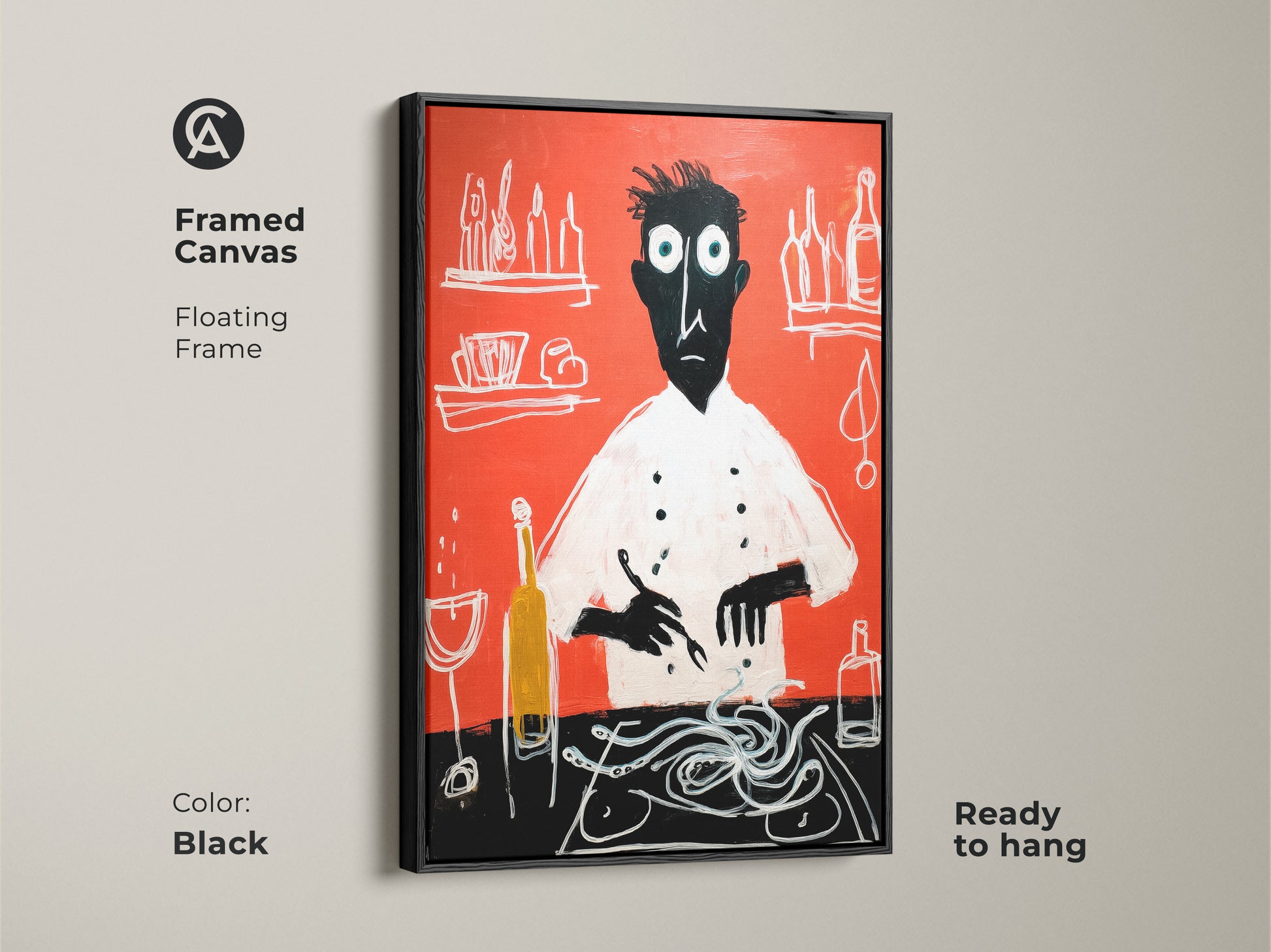 Framed canvas with a floating black frame features a chef making spaghetti. The red abstract kitchen art is ready to hang. Modern folk art style adds eclectic charm to dining rooms. A perfect handmade gift for chefs and home cooks providing an artistic accent.
