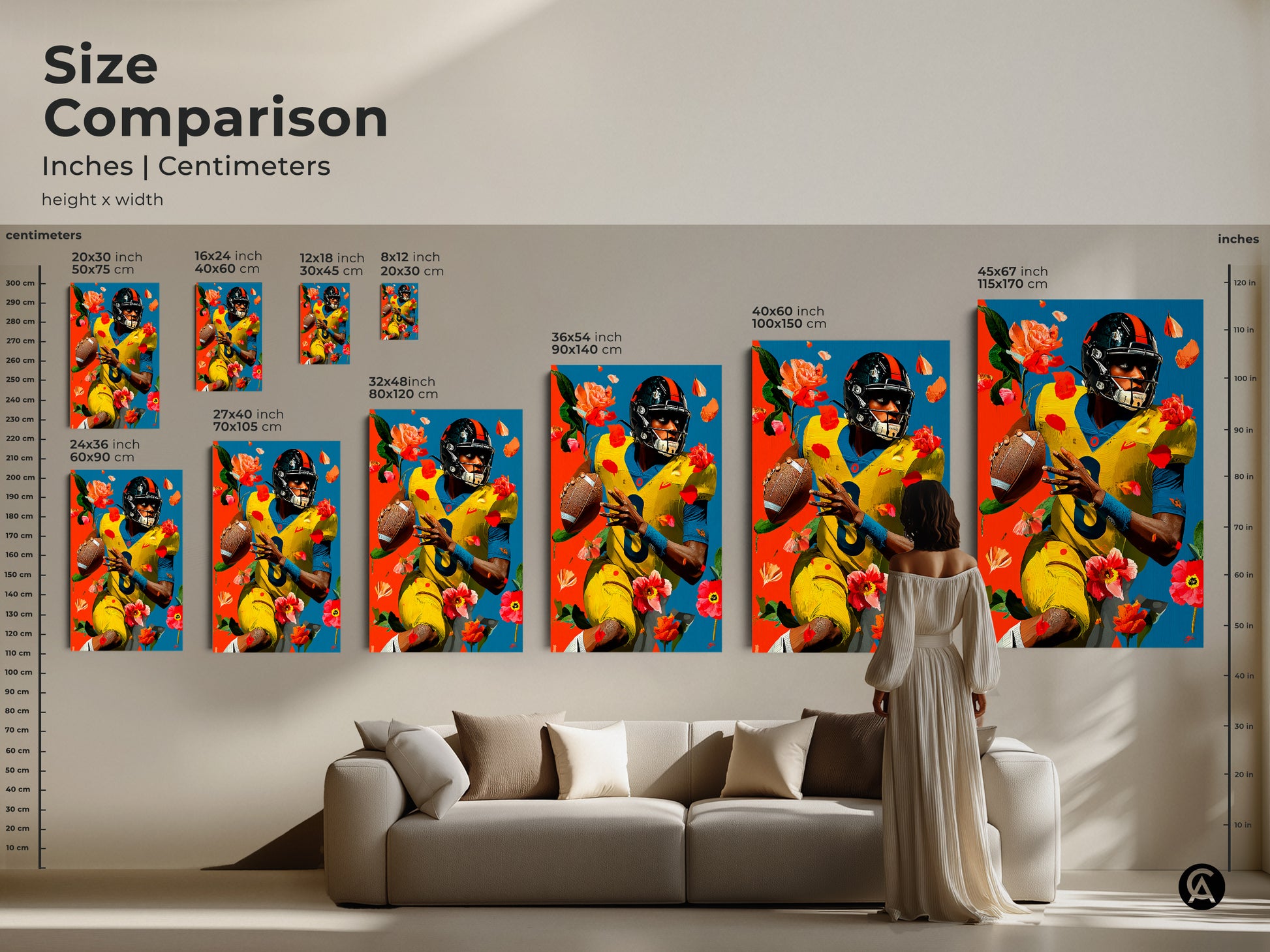 Size comparison of american football artwork in inches and centimeters. Sizes include 20x30cm to 115x170cm. Options range from 8x12 to 45x67 inches. Perfect wall art decor for your living space. These canvases enhance any sports themed home.