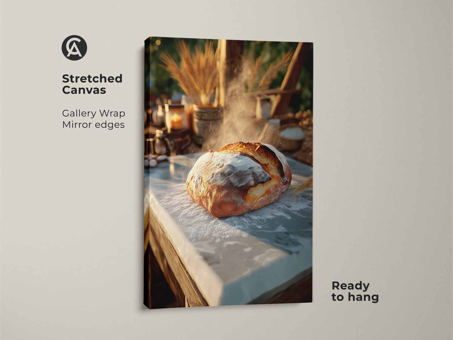 Stretched canvas gallery wrap featuring artisan bread art. The golden brown and cream tones add a rustic touch to your kitchen. Ready to hang with mirror edges. Perfect farmhouse style gift. This bakery wall art brings warmth and culinary inspiration to any home.