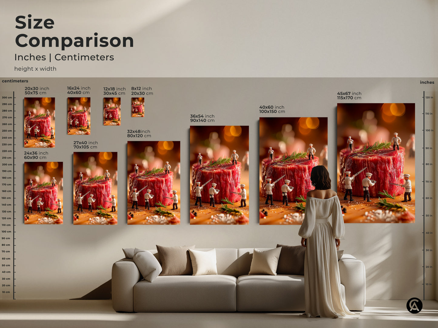 Size comparison of chef and steak art prints in inches and centimeters. Visualize how different sizes fit above a sofa. Choose the ideal dimensions for your space with this helpful guide. Transform your home decor.