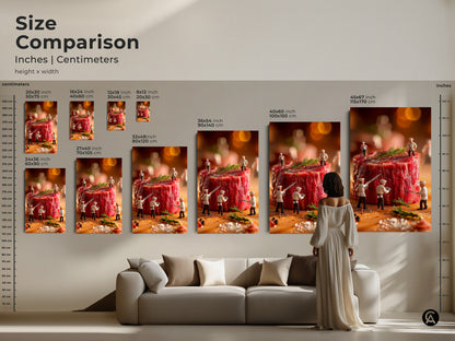 Size comparison of chef and steak art prints in inches and centimeters. Visualize how different sizes fit above a sofa. Choose the ideal dimensions for your space with this helpful guide. Transform your home decor.