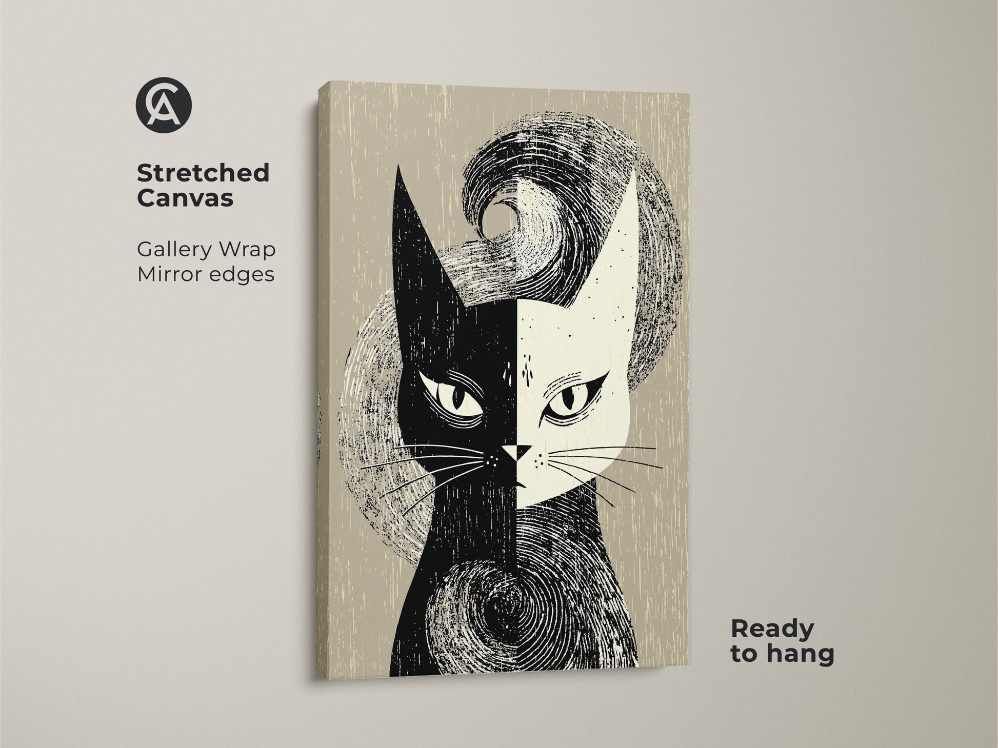 Stretched canvas featuring mid-century modern cat art. This black and white abstract cat face print brings a retro vibe to your living space. Ready to hang with gallery wrapped edges. A perfect monochrome cat decor for modern homes. Ideal as a housewarming gift for cat enthusiasts.