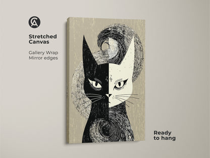 Stretched canvas featuring mid-century modern cat art. This black and white abstract cat face print brings a retro vibe to your living space. Ready to hang with gallery wrapped edges. A perfect monochrome cat decor for modern homes. Ideal as a housewarming gift for cat enthusiasts.