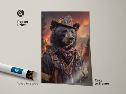 Poster print of a bear firefighter artwork. Easy to frame museum-quality paper rolled in a tube. The heroism animal print makes a unique gift. Perfect as eclectic animal theme art.