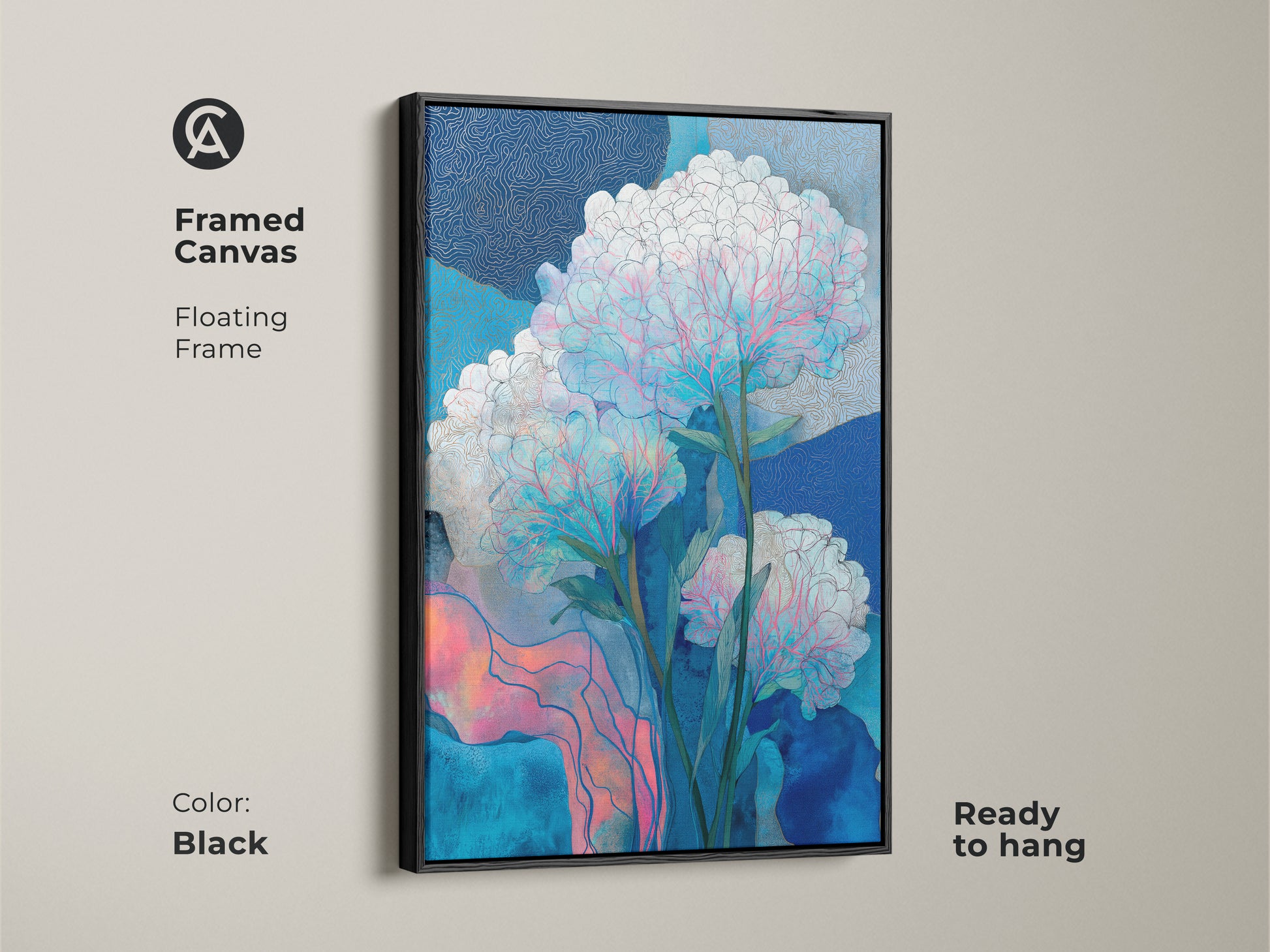 Framed canvas of a blue abstract art. This teal pink canvas art features a floating frame. The botanical art print is ready to hang and is a modern bedroom decor. This contemporary wall art is a fine art print canvas.