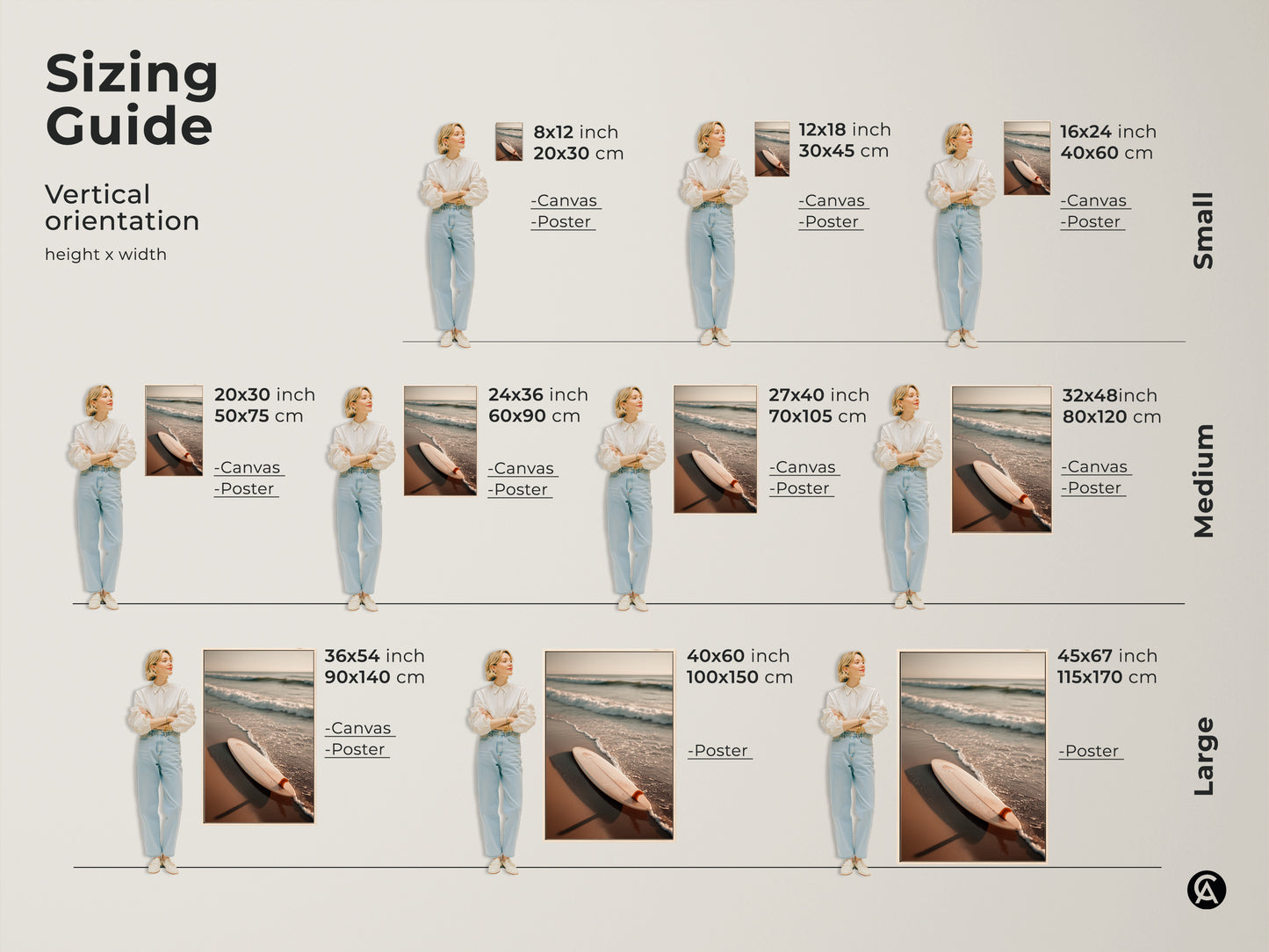 A sizing guide displays a surfboard artwork in different sizes. Vertical orientation options are shown with models for scale. Available as canvas or poster prints in various dimensions. Find the perfect size to fit your space. Discover the ideal beach artwork for your home.