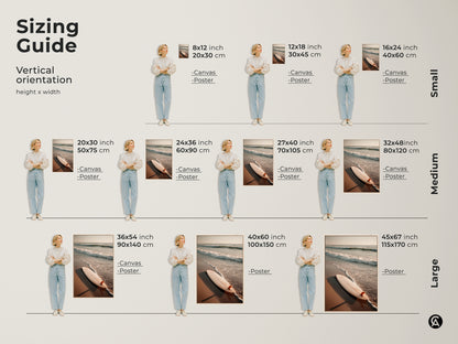 A sizing guide displays a surfboard artwork in different sizes. Vertical orientation options are shown with models for scale. Available as canvas or poster prints in various dimensions. Find the perfect size to fit your space. Discover the ideal beach artwork for your home.