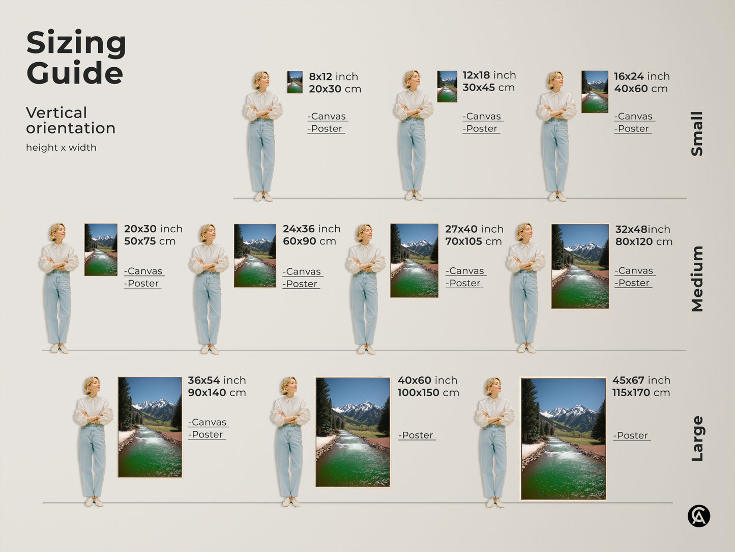 Sizing guide for vertical mountain river landscape canvas and poster prints. Visualize various sizes with a model. Options range from small 8x12 to large 45x67. Find the perfect fit for your rustic nature wall art.