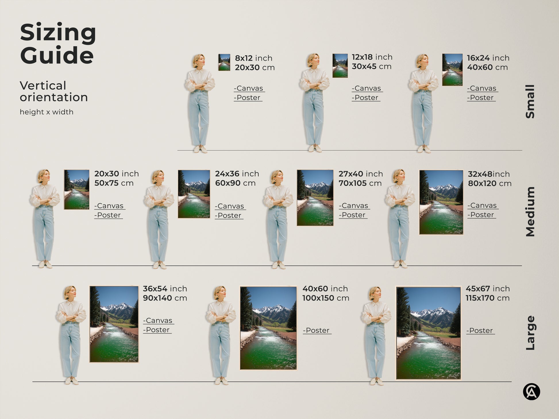 Sizing guide for vertical mountain river landscape canvas and poster prints. Visualize various sizes with a model. Options range from small 8x12 to large 45x67. Find the perfect fit for your rustic nature wall art.