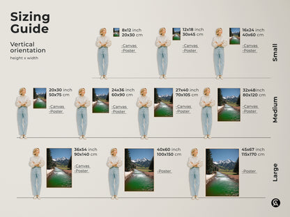 Sizing guide for vertical mountain river landscape canvas and poster prints. Visualize various sizes with a model. Options range from small 8x12 to large 45x67. Find the perfect fit for your rustic nature wall art.