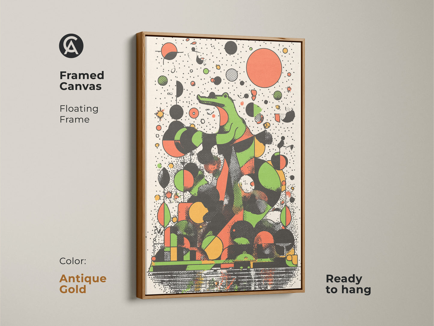 Framed canvas with an antique gold floating frame displays abstract crocodile art. The retro animal wall art uses green geometric shapes and an orange black color scheme. It is ready to hang perfect for eclectic office decor.