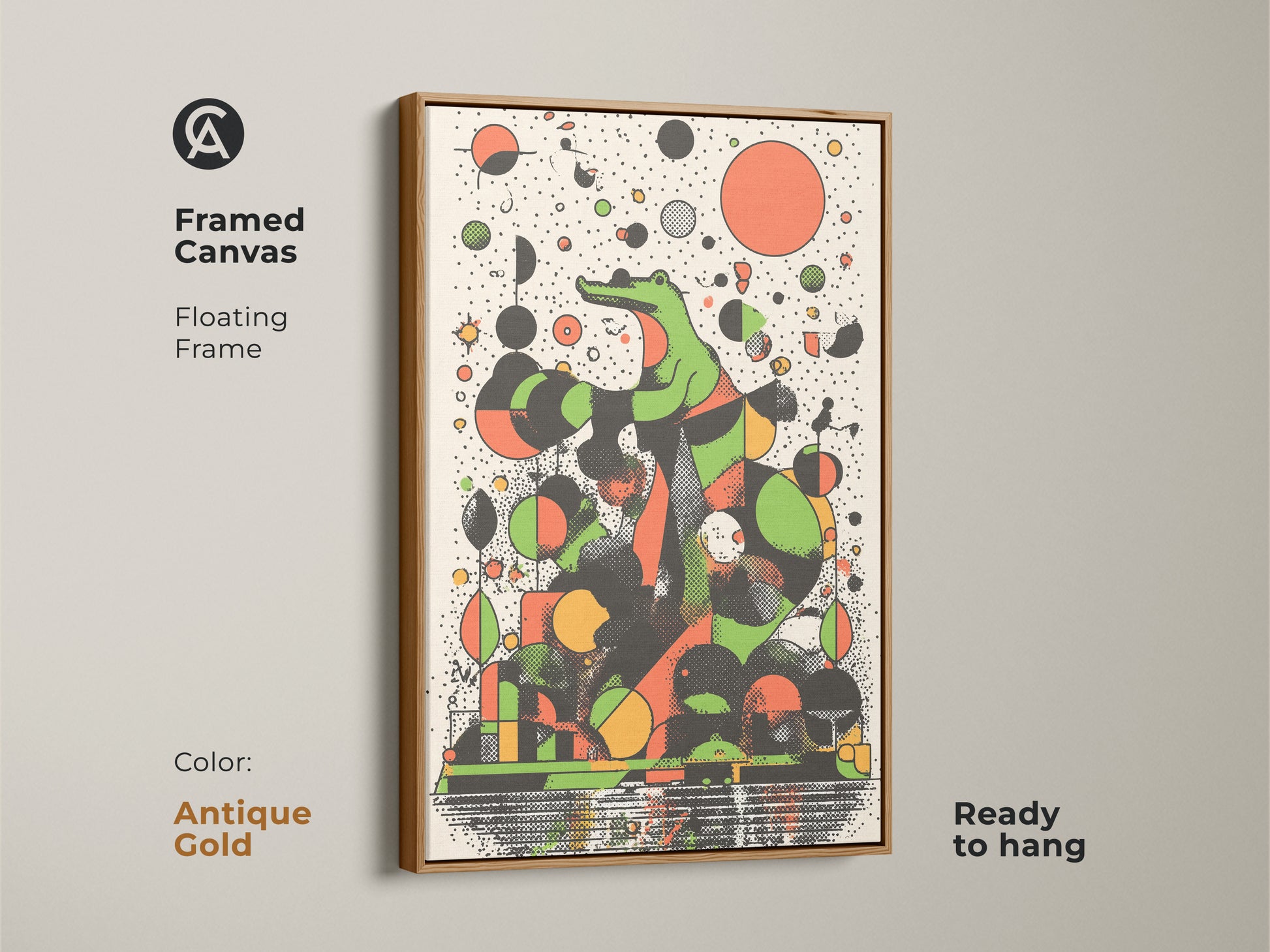 Framed canvas with an antique gold floating frame displays abstract crocodile art. The retro animal wall art uses green geometric shapes and an orange black color scheme. It is ready to hang perfect for eclectic office decor.