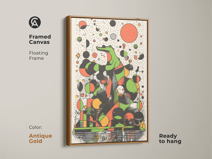 Framed canvas with an antique gold floating frame displays abstract crocodile art. The retro animal wall art uses green geometric shapes and an orange black color scheme. It is ready to hang perfect for eclectic office decor.