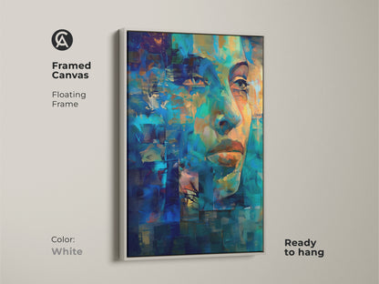 Framed canvas featuring a white floating frame. The print features an abstract woman's face. The blue teal and aqua palette adds a contemporary touch. Ideal for art lovers. This expressive figurative artwork is ready to hang in any space.