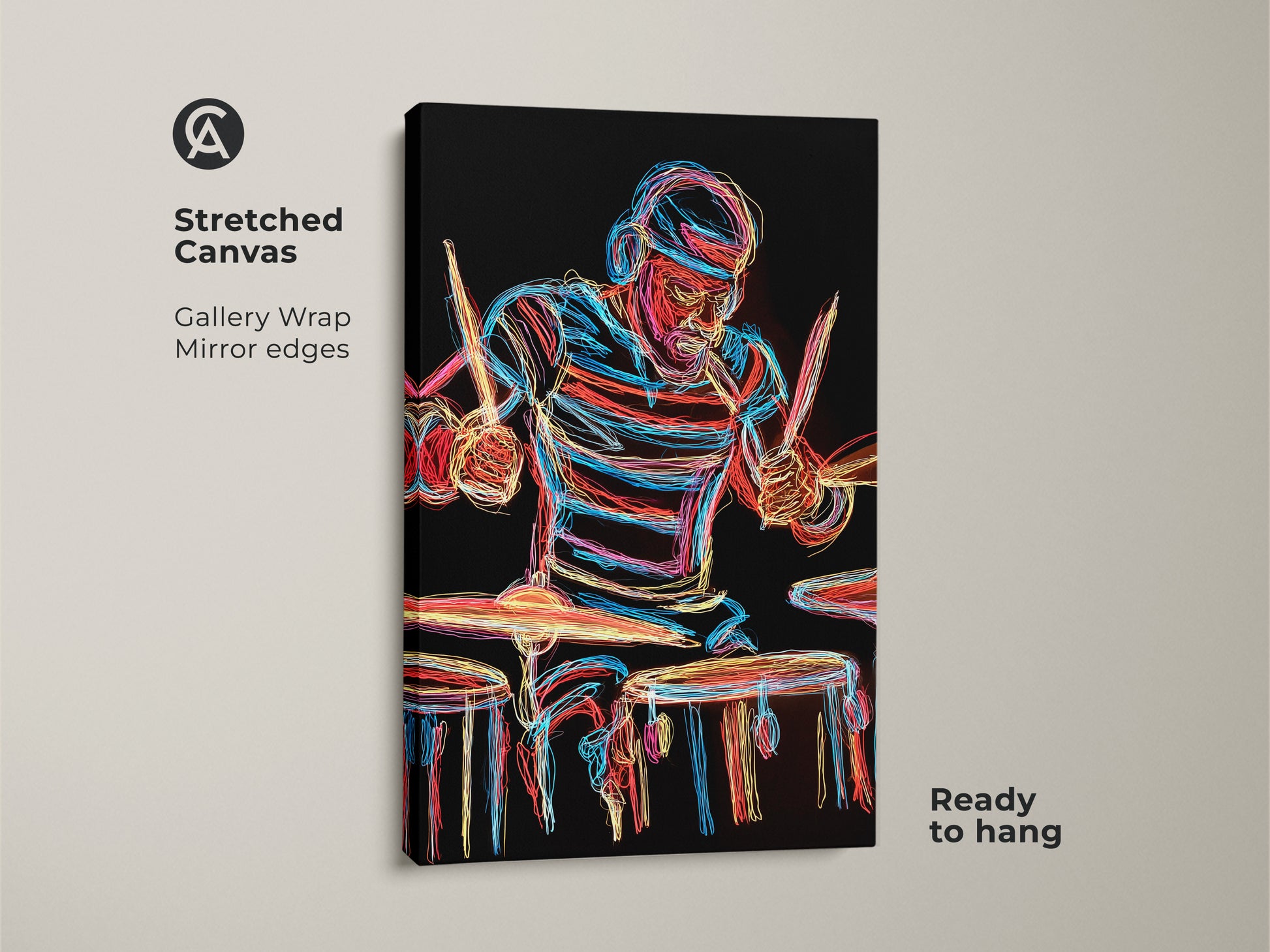 Stretched Canvas of a Neon Drummer Art Print. The canvas gallery wrap has mirror edges for a modern look. This abstract line art adds energy to any space. Ready to hang this piece is a gift for drummers.