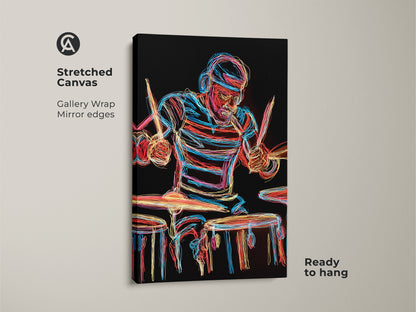 Stretched Canvas of a Neon Drummer Art Print. The canvas gallery wrap has mirror edges for a modern look. This abstract line art adds energy to any space. Ready to hang this piece is a gift for drummers.
