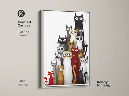 Framed canvas featuring eclectic cat artwork with a floating white frame. This black white and red animal print is ready to hang perfect for cat enthusiasts. The unique feline home decor is a great gift for cat moms and dads adding a modern and whimsical touch.