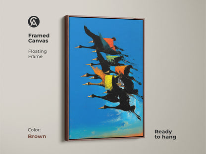 Brown framed canvas showcasing contemporary abstract bird artwork. This floating frame is ready to hang and displays a flock of birds in flight with a blue orange and teal color splash art print.