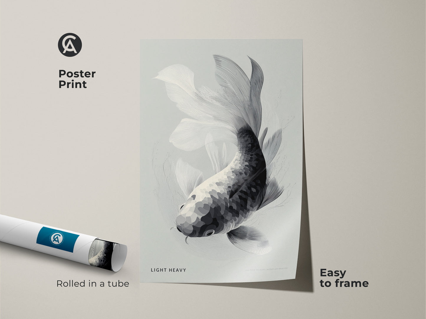 Poster print displays a black and white koi fish drawing. The artwork is rolled in a tube for protection. This museum-quality paper print is easy to frame. Add this elegant fish art to your collection. Its a simple way to elevate your space.
