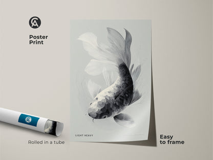 Poster print displays a black and white koi fish drawing. The artwork is rolled in a tube for protection. This museum-quality paper print is easy to frame. Add this elegant fish art to your collection. Its a simple way to elevate your space.