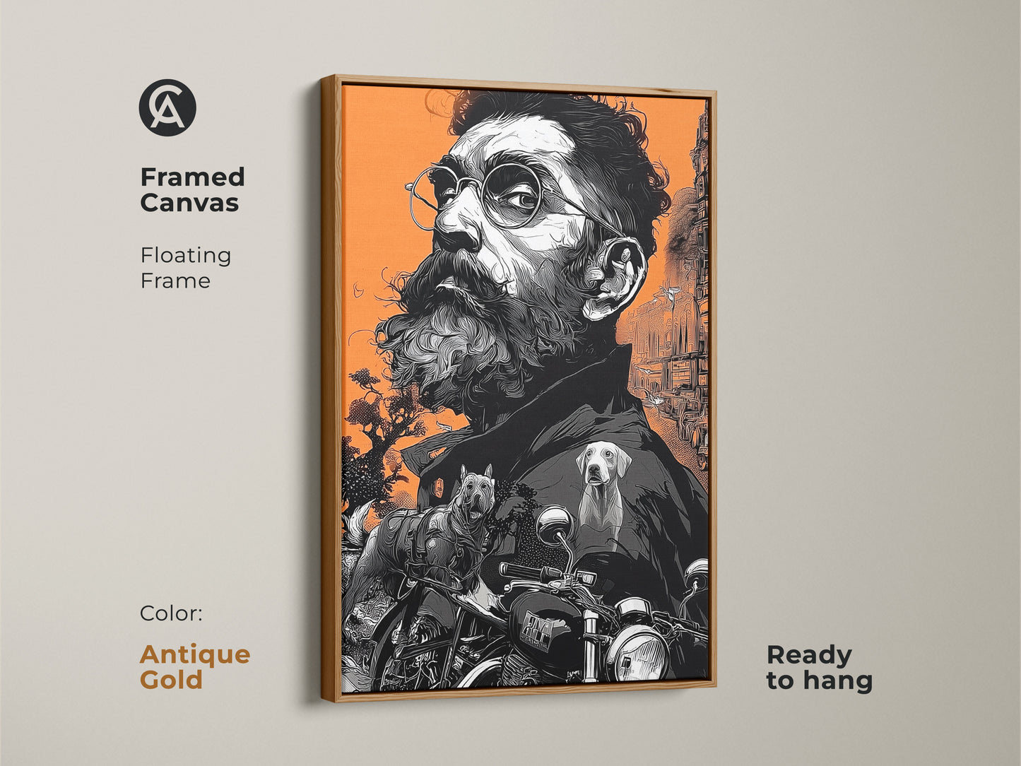 Framed canvas art featuring a bearded man with glasses. The artwork includes two dogs and a motorcycle. The floating frame is antique gold. The orange backdrop adds warmth. Ready to hang in your home.