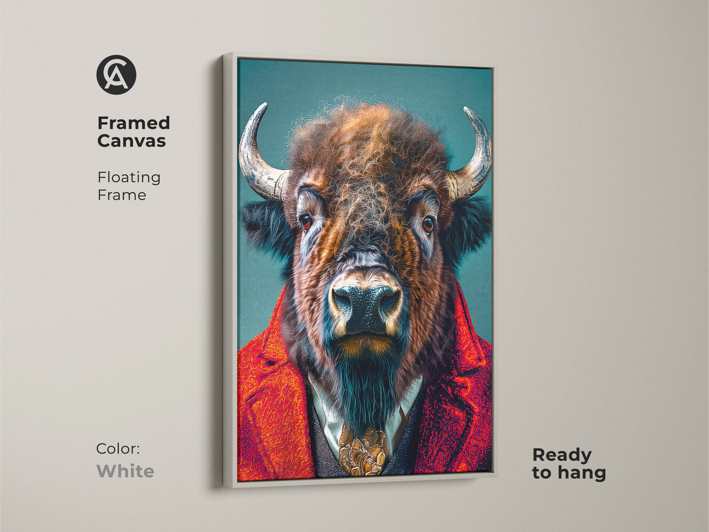 Framed canvas art featuring a buffalo in a suit with a white floating frame. This clean and modern artwork is ready to hang and brightens any room. The white frame provides a fresh contrast to the buffalo's attire. A versatile choice for contemporary decor.