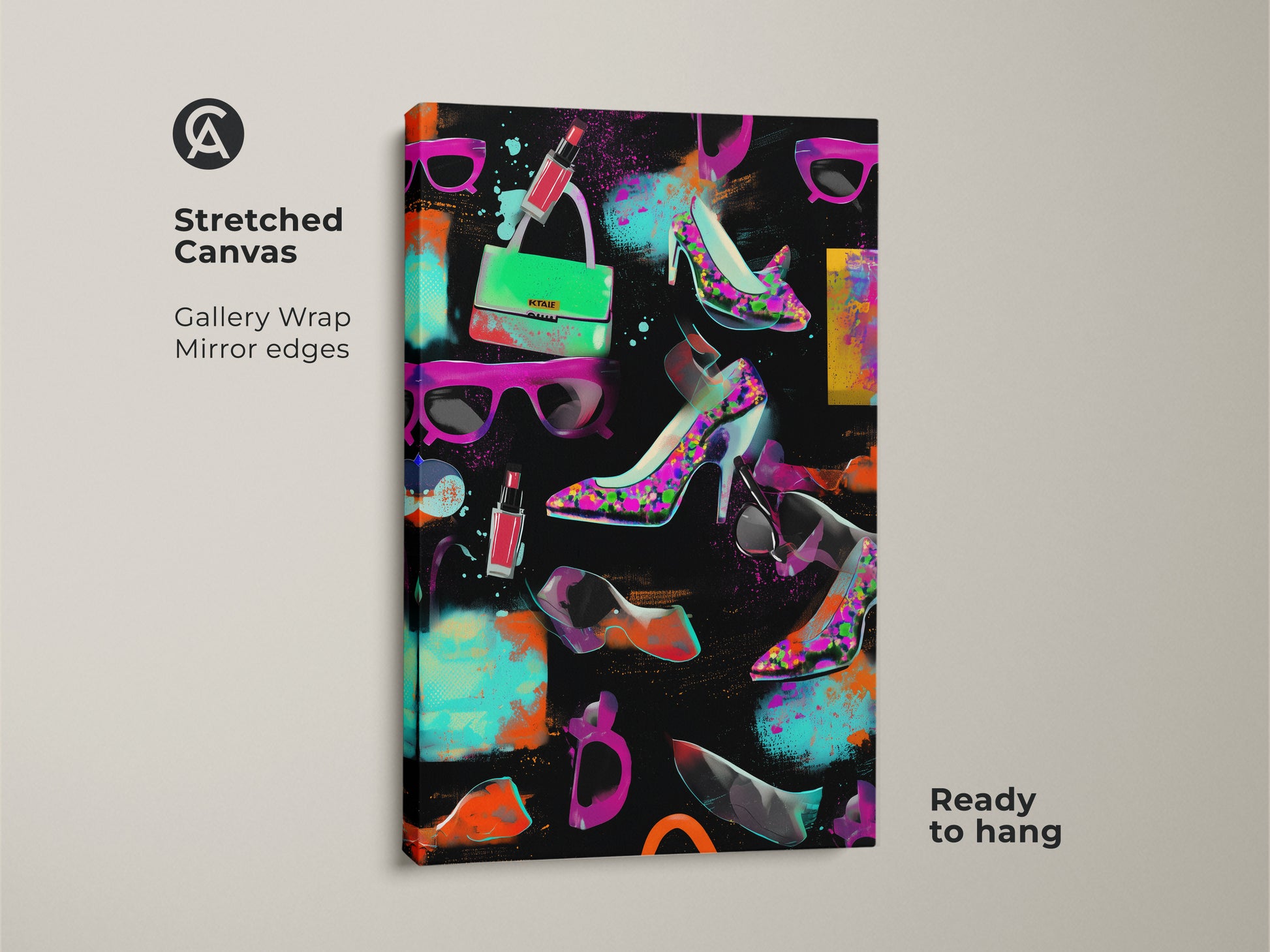 Stretched canvas pop art print showcasing graffiti high heels and a handbag. Gallery wrapped with mirror edges. Ready to hang for glam room decor. Eclectic fashion artwork in magenta orange and teal. This vibrant piece makes a bold statement. A unique birthday gift idea.