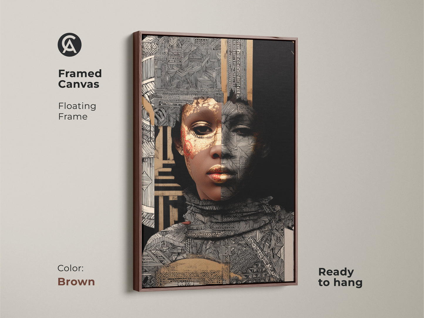 Brown Framed Canvas of an Abstract Gold Woman Art Print. This Afrofuturism portrait has a floating frame and is ready to hang. The eclectic mixed media artwork features black white and gold geometric patterns for a contemporary look.