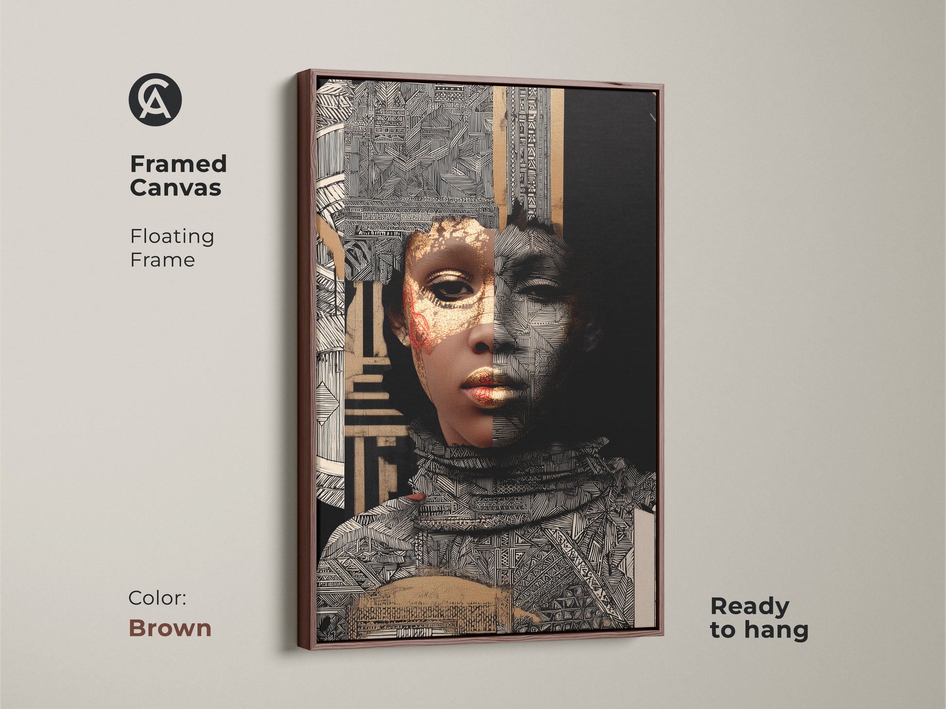 Brown Framed Canvas of an Abstract Gold Woman Art Print. This Afrofuturism portrait has a floating frame and is ready to hang. The eclectic mixed media artwork features black white and gold geometric patterns for a contemporary look.