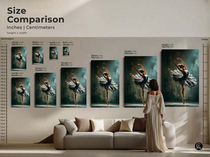 Ballerina art size comparison. See the ballerina artwork in various sizes. Sizes range from small to extra large. Find the perfect size for your living room decor. This canvas art adds elegance to any room.