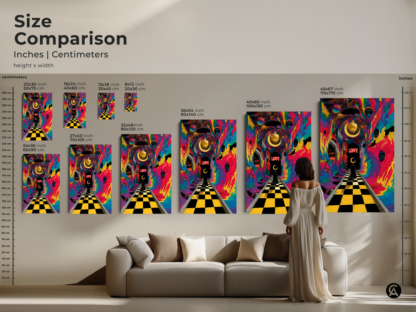 Size comparison of psychedelic surrealism canvas art in inches & centimeters. Different sizes provide a visual guide. The abstract tunnel vision art & surreal chessboard path poster suits various spaces. Woman in dress provides a scale reference.