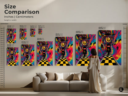 Size comparison of psychedelic surrealism canvas art in inches & centimeters. Different sizes provide a visual guide. The abstract tunnel vision art & surreal chessboard path poster suits various spaces. Woman in dress provides a scale reference.